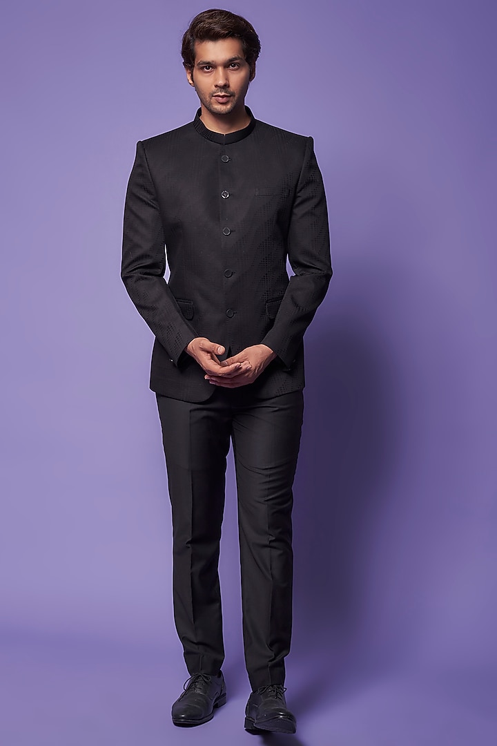 Black Cotton & Silk Embroidered Bandhgala by ALOUKIK at Pernia's Pop Up Shop