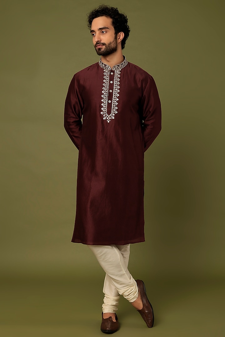 Maroon Pure Chanderi Zari Embroidered Kurta by ALOUKIK at Pernia's Pop Up Shop