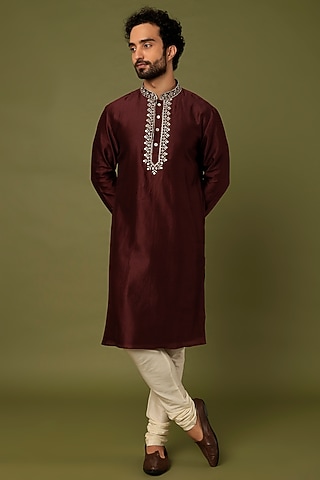 Maroon Pure Chanderi Zari Embroidered Kurta by ALOUKIK