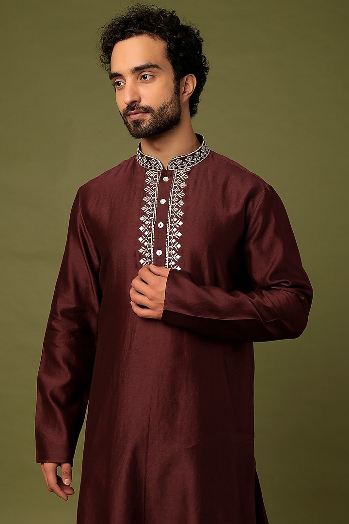 Maroon Pure Chanderi Zari Embroidered Kurta by ALOUKIK at Pernia's Pop Up Shop