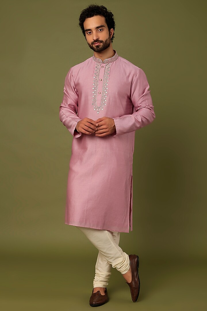 Pink Pure Chanderi Zari Embroidered Kurta by ALOUKIK at Pernia's Pop Up Shop