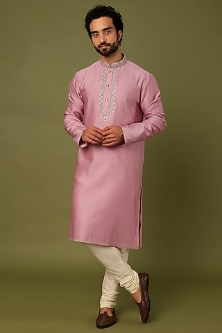 Pink Pure Chanderi Zari Embroidered Kurta by ALOUKIK