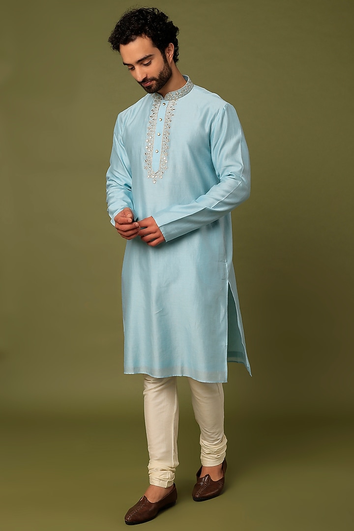 Blue Pure Chanderi Zari Embroidered Kurta by ALOUKIK at Pernia's Pop Up Shop