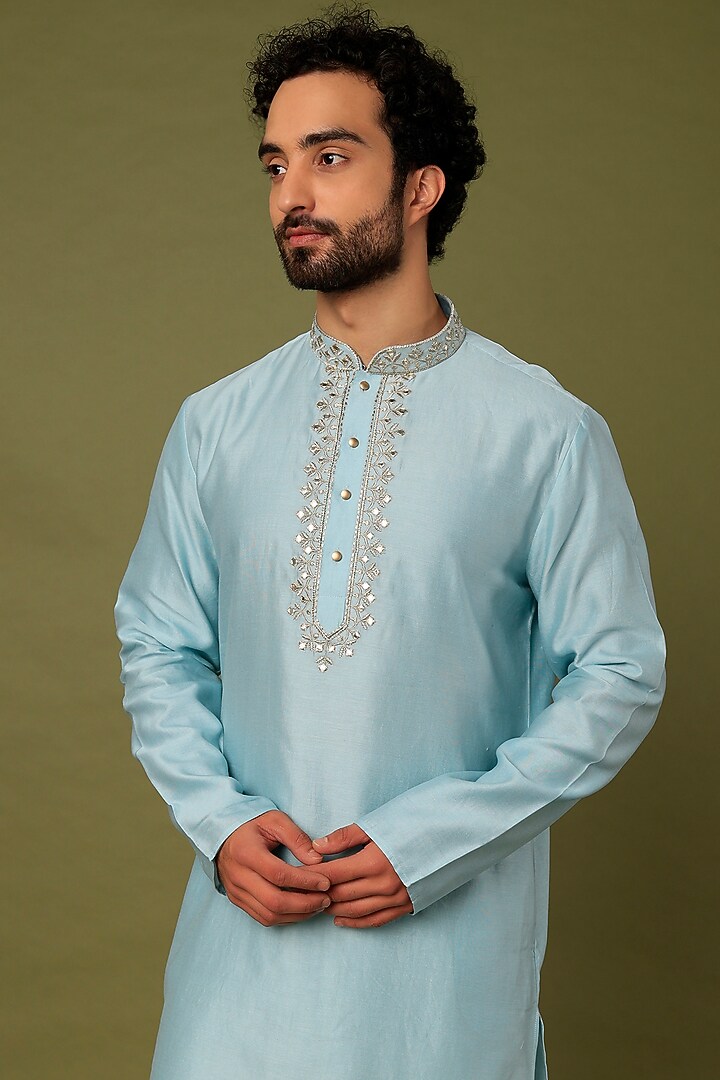 Blue Pure Chanderi Zari Embroidered Kurta by ALOUKIK at Pernia's Pop Up Shop