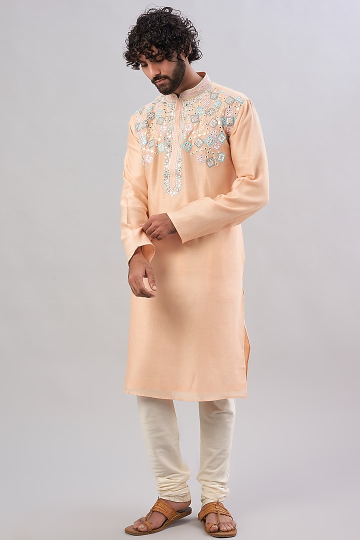 Peach Pure Chanderi Mirror Embroidered Kurta by ALOUKIK at Pernia's Pop Up Shop