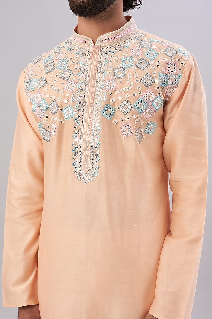 Peach Pure Chanderi Mirror Embroidered Kurta by ALOUKIK at Pernia's Pop Up Shop