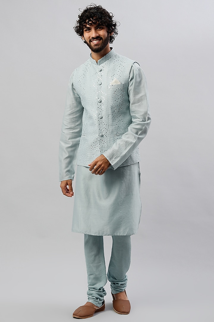 Powder Blue Spun Silk Mirror Embroidered Bundi Jacket by ALOUKIK at Pernia's Pop Up Shop