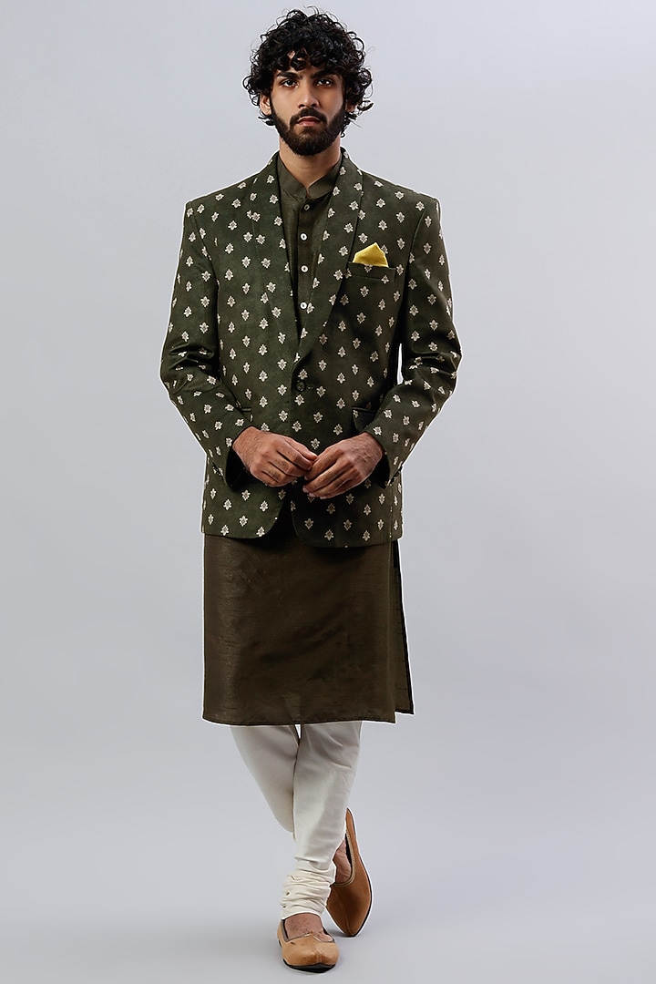 Dark Olive Velvet & Viscose Silk Digital Printed Blazer by ALOUKIK at Pernia's Pop Up Shop