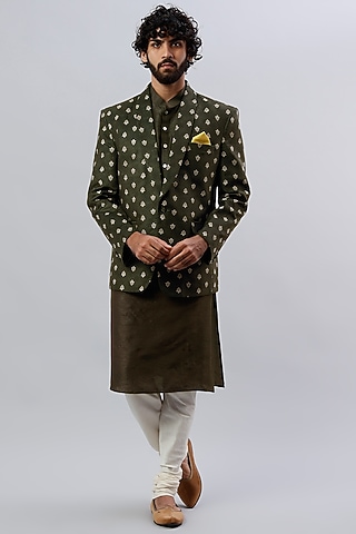 Dark Olive Velvet & Viscose Silk Digital Printed Blazer by ALOUKIK