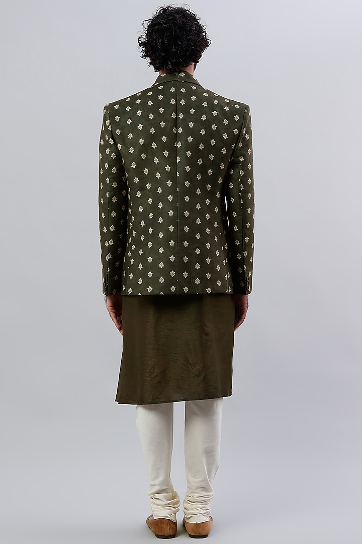Dark Olive Velvet & Viscose Silk Digital Printed Blazer by ALOUKIK at Pernia's Pop Up Shop
