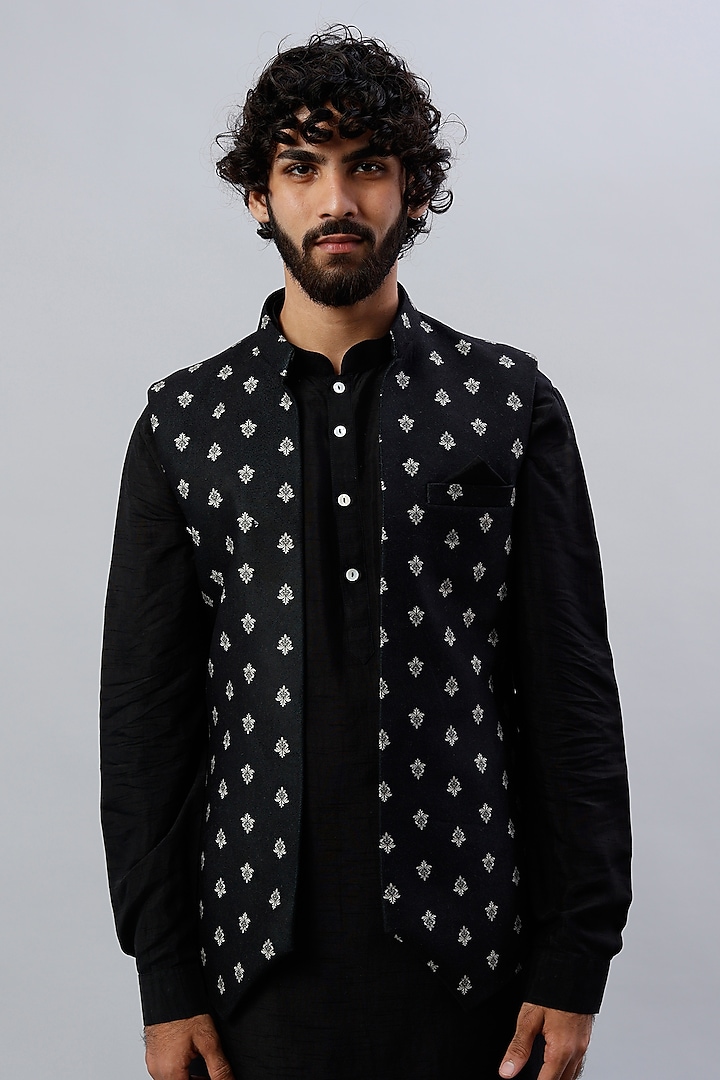 Black Velvet Digital Printed Bundi Jacket by ALOUKIK at Pernia's Pop Up Shop