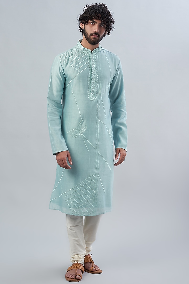 Powder Blue Pure Chanderi Thread Embroidered Kurta by ALOUKIK at Pernia's Pop Up Shop
