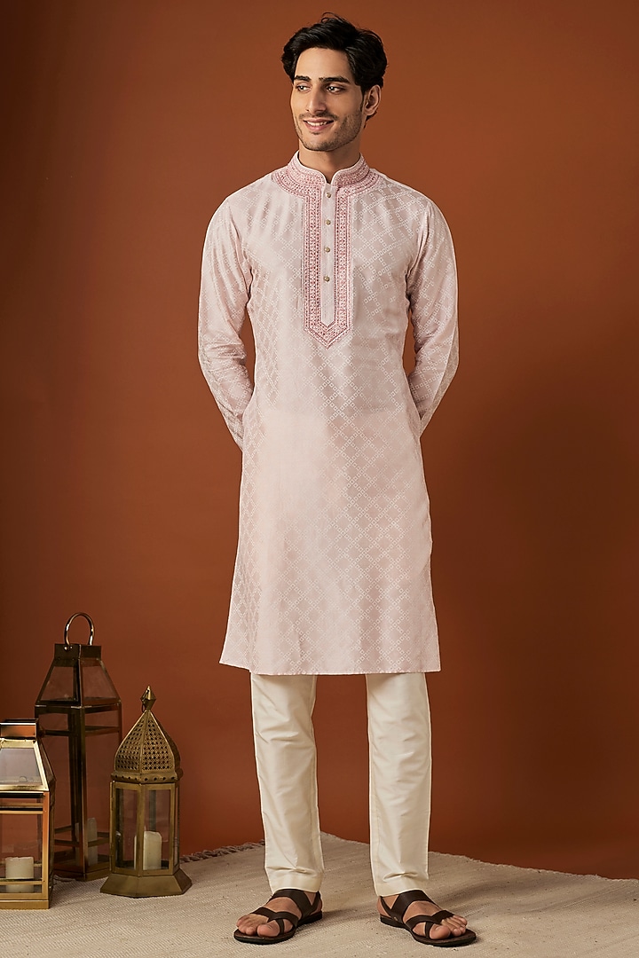 Baby Pink Tussar Handblock Printed & Embroidered Kurta by ALOUKIK at Pernia's Pop Up Shop