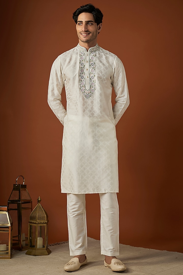 Off-White Tussar Printed & Embroidered Kurta Set by ALOUKIK