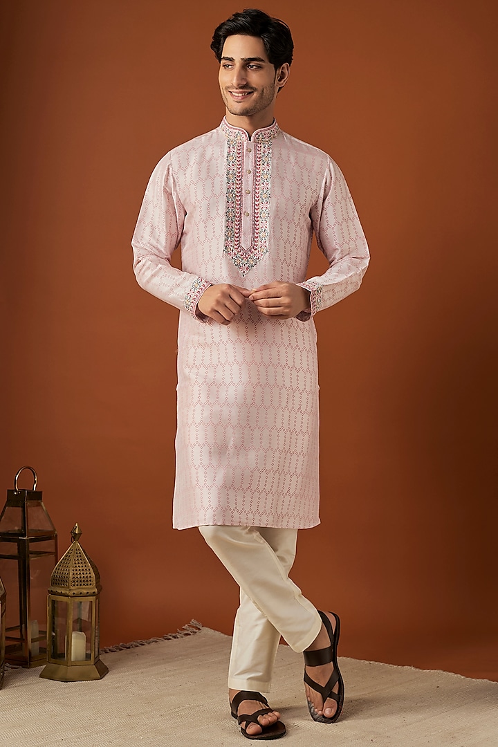 Baby Pink Tussar Printed & Embroidered Kurta Set by ALOUKIK at Pernia's Pop Up Shop