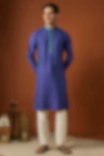 Blue Tussar Printed & Embroidered Kurta Set by ALOUKIK at Pernia's Pop Up Shop