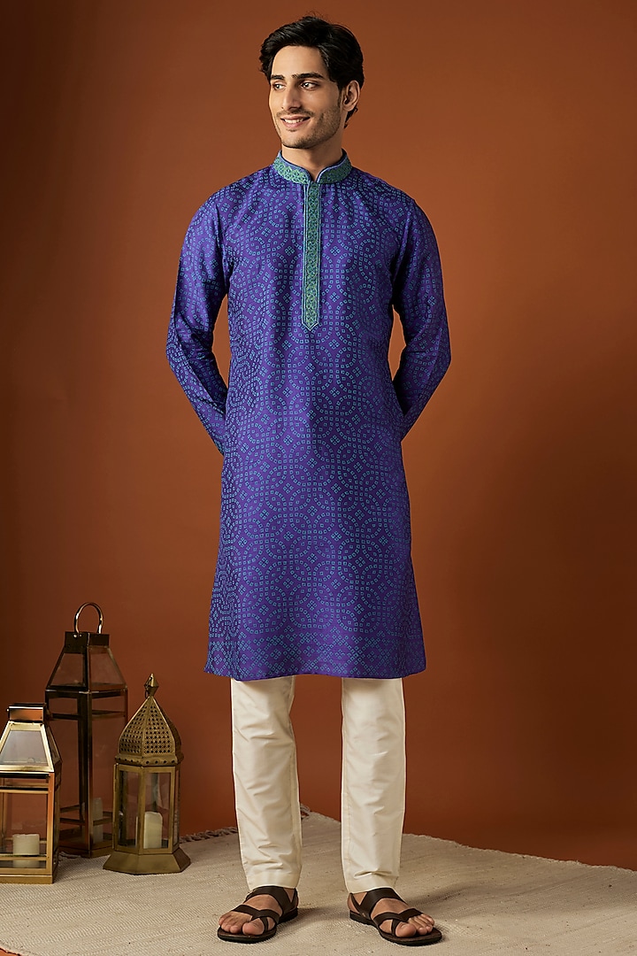 Blue Tussar Printed & Embroidered Kurta Set by ALOUKIK