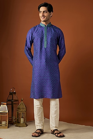 Blue Tussar Printed & Embroidered Kurta Set by ALOUKIK
