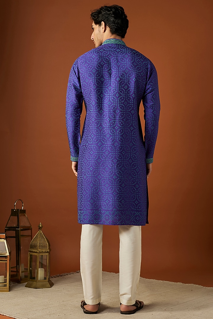 Blue Tussar Printed & Embroidered Kurta Set by ALOUKIK at Pernia's Pop Up Shop