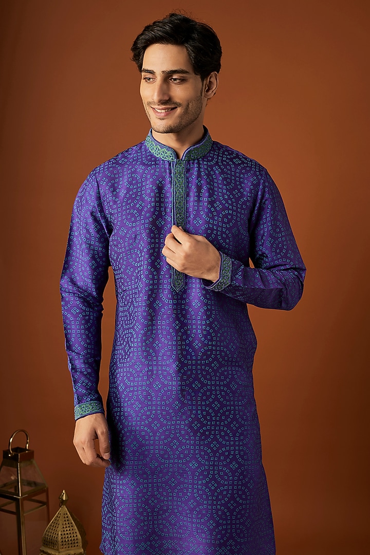 Blue Tussar Printed & Embroidered Kurta Set by ALOUKIK at Pernia's Pop Up Shop