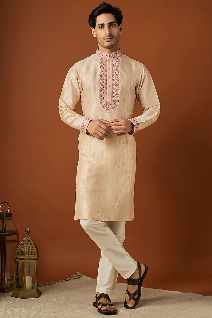 Beige Tussar Printed & Embroidered Kurta Set by ALOUKIK at Pernia's Pop Up Shop