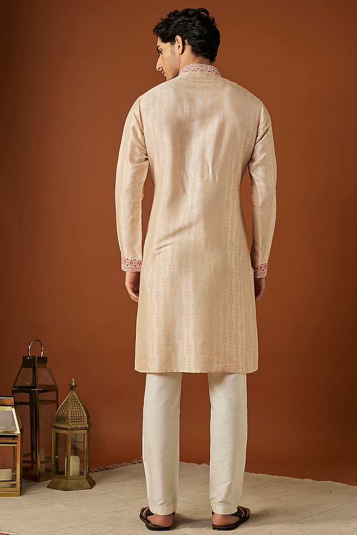 Beige Tussar Printed & Embroidered Kurta Set by ALOUKIK at Pernia's Pop Up Shop