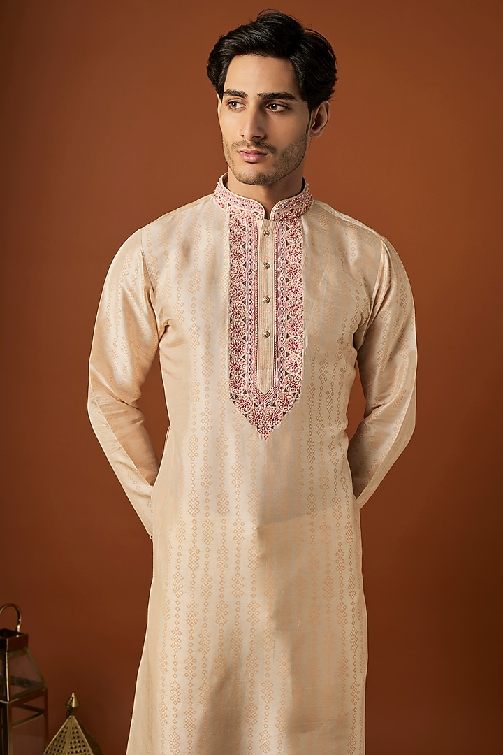 Beige Tussar Printed & Embroidered Kurta Set by ALOUKIK at Pernia's Pop Up Shop
