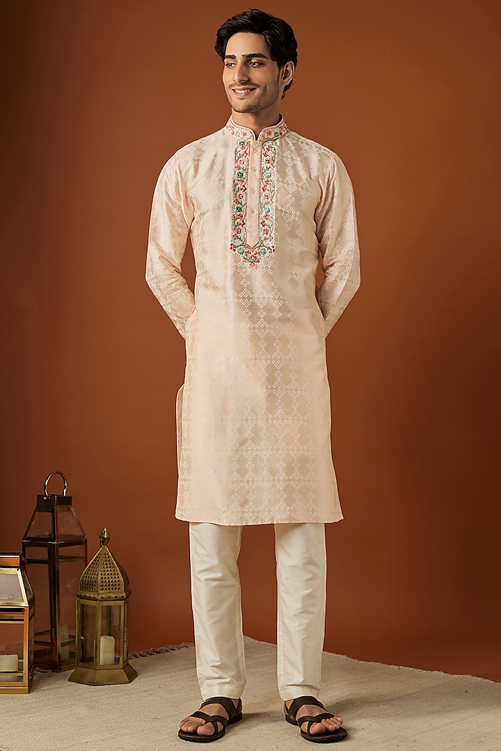 Beige Tussar Printed & Embroidered Kurta Set by ALOUKIK at Pernia's Pop Up Shop