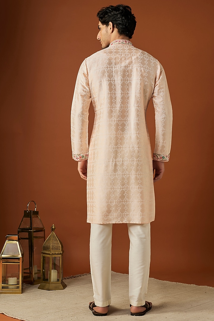 Beige Tussar Printed & Embroidered Kurta Set by ALOUKIK at Pernia's Pop Up Shop