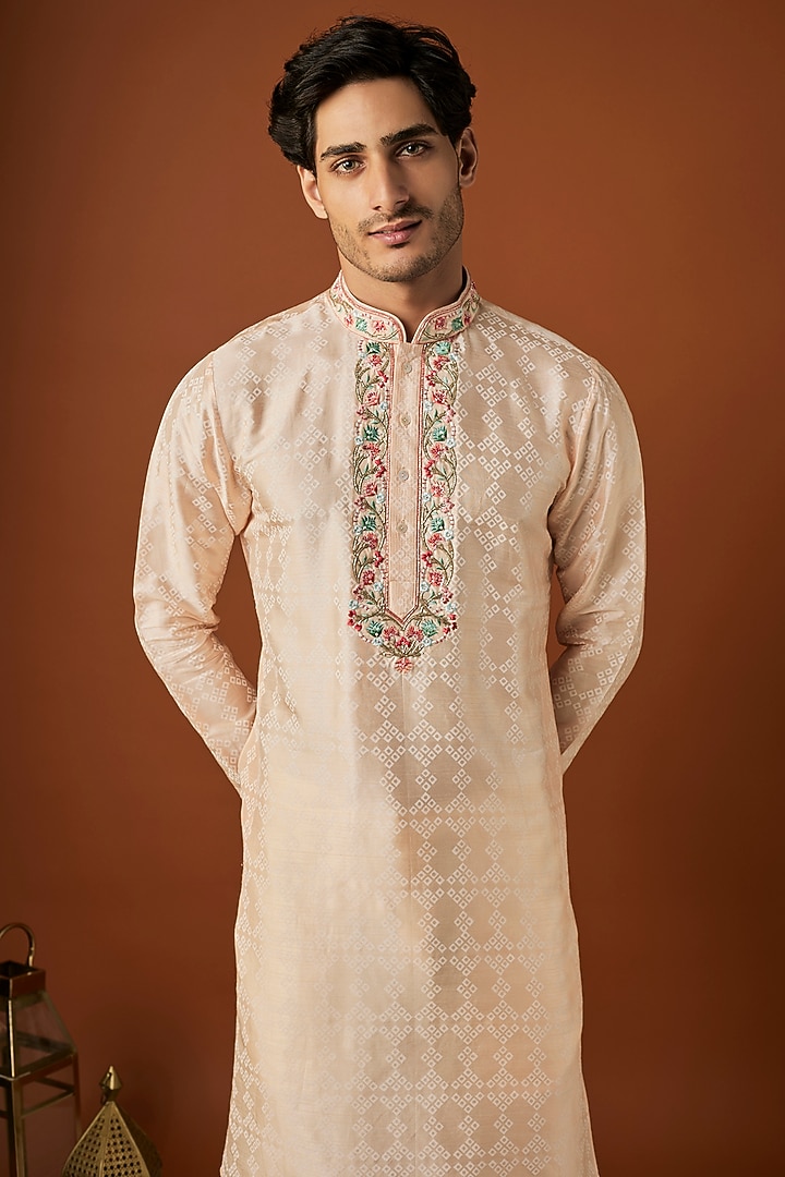 Beige Tussar Printed & Embroidered Kurta Set by ALOUKIK at Pernia's Pop Up Shop