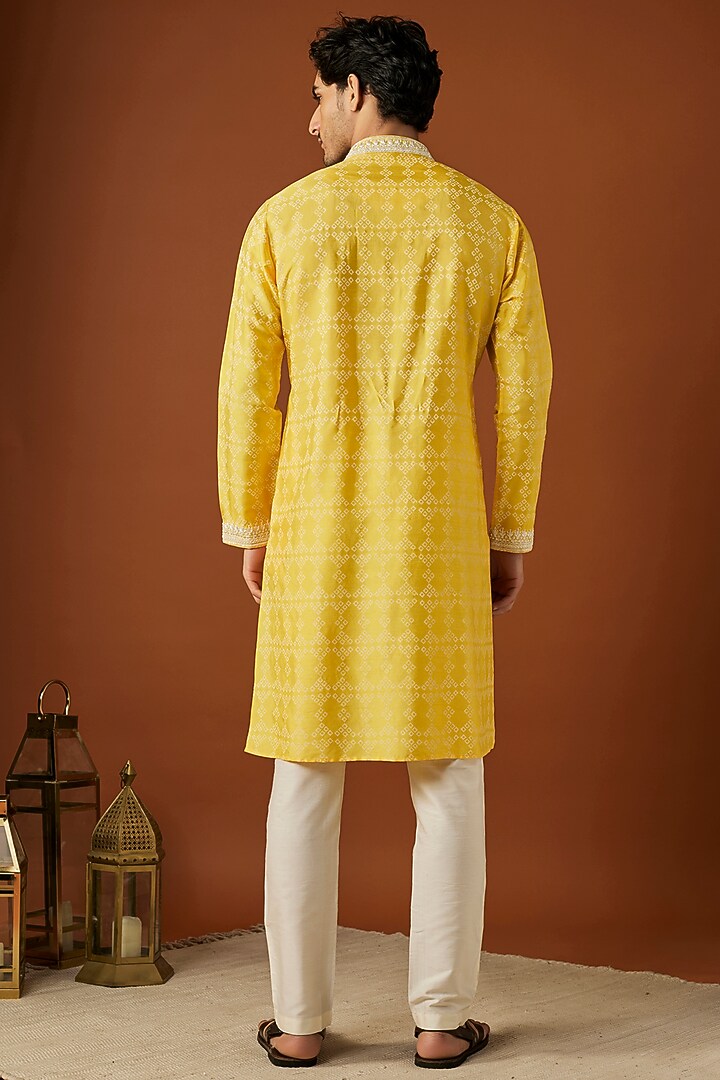 Yellow Tussar Printed & Embroidered Kurta Set by ALOUKIK at Pernia's Pop Up Shop