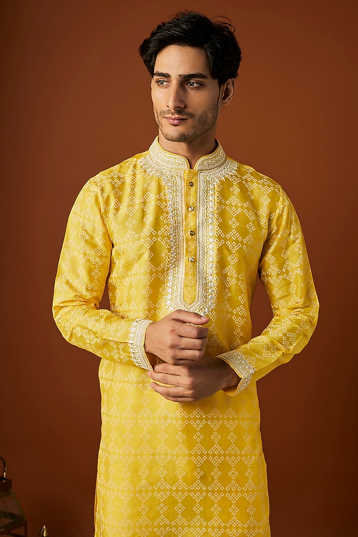 Yellow Tussar Printed & Embroidered Kurta Set by ALOUKIK at Pernia's Pop Up Shop