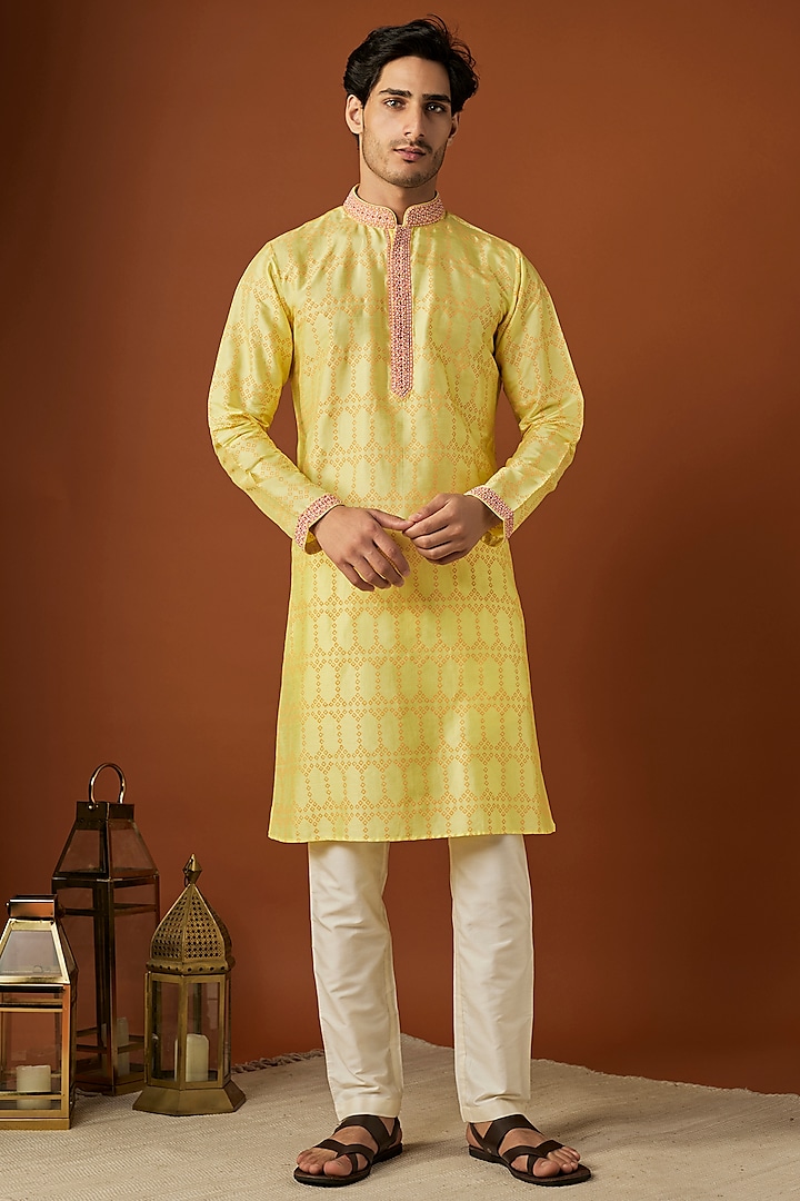 Yellow Tussar Printed & Embroidered Kurta Set by ALOUKIK at Pernia's Pop Up Shop