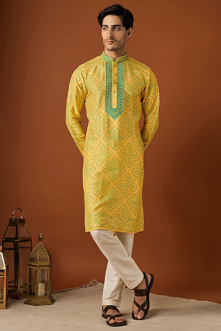 Yellow Tussar Printed & Embroidered Kurta Set by ALOUKIK at Pernia's Pop Up Shop