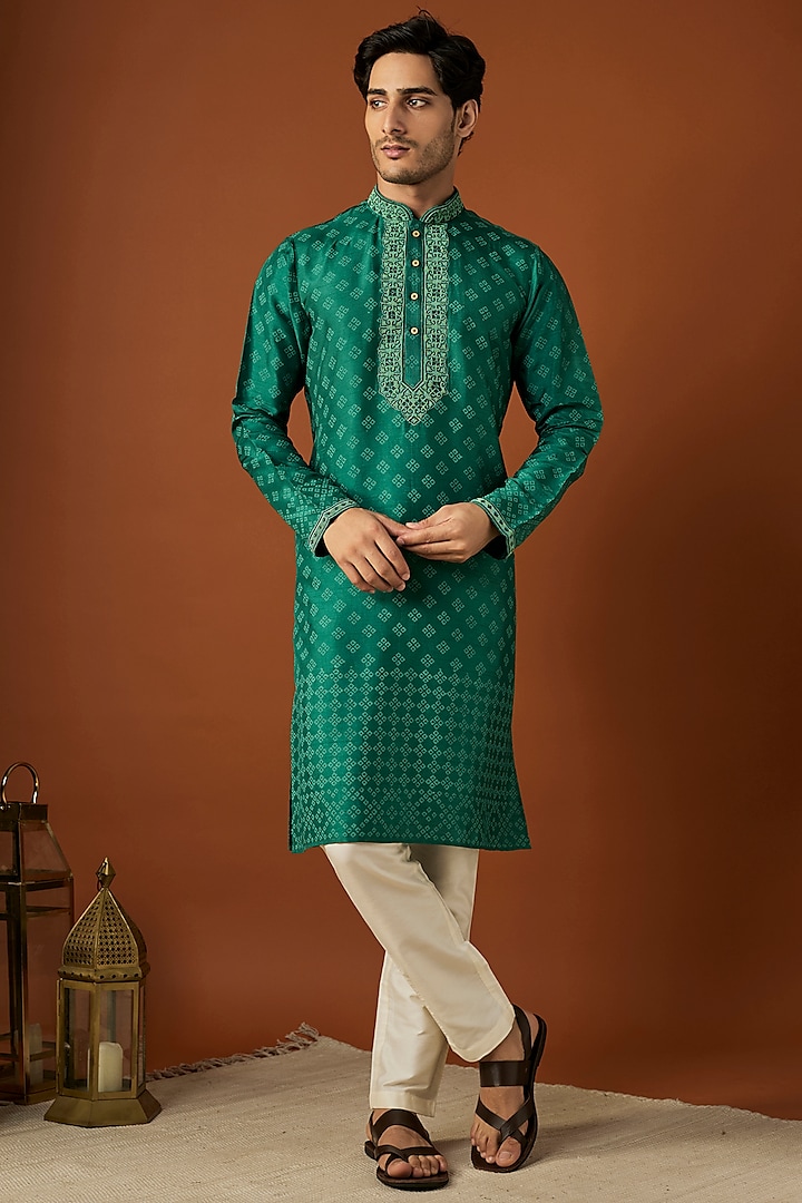 Emerald Green Tussar Printed & Embroidered Kurta Set by ALOUKIK at Pernia's Pop Up Shop