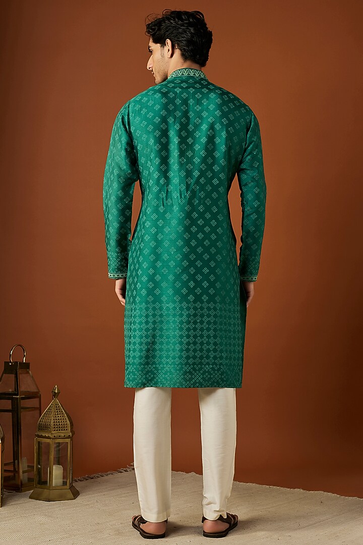 Emerald Green Tussar Printed & Embroidered Kurta Set by ALOUKIK at Pernia's Pop Up Shop