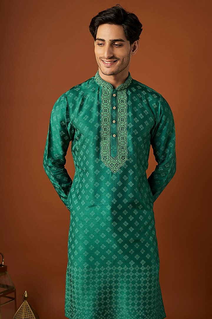 Emerald Green Tussar Printed & Embroidered Kurta Set by ALOUKIK at Pernia's Pop Up Shop