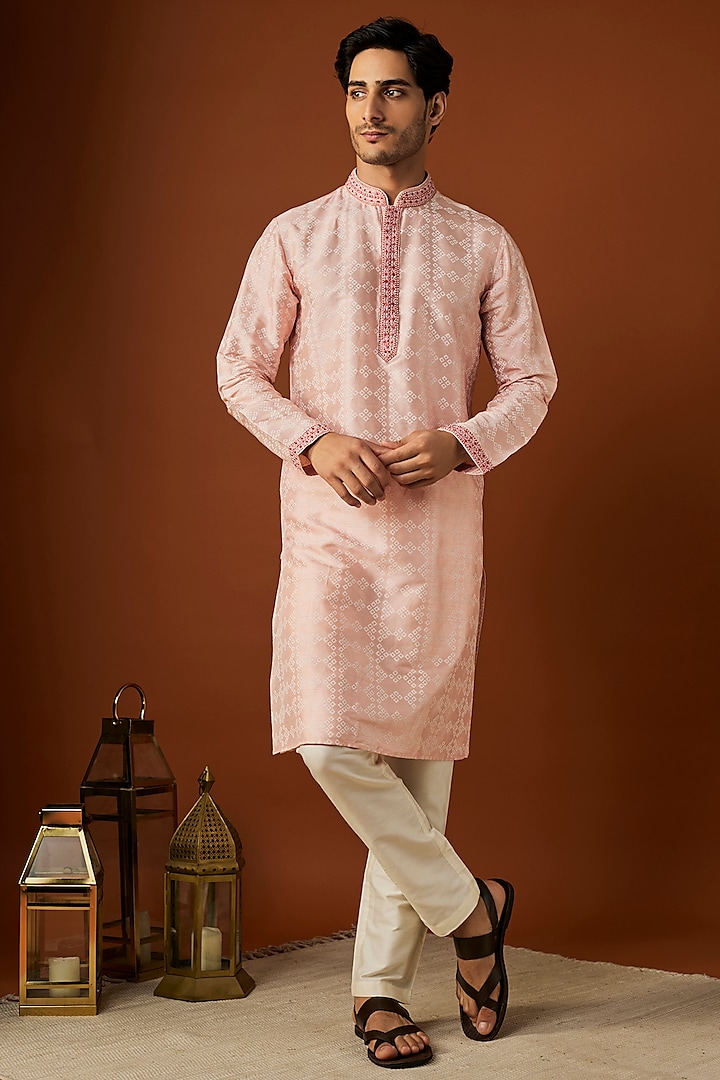 Peach Tussar Printed & Embroidered Kurta Set by ALOUKIK at Pernia's Pop Up Shop