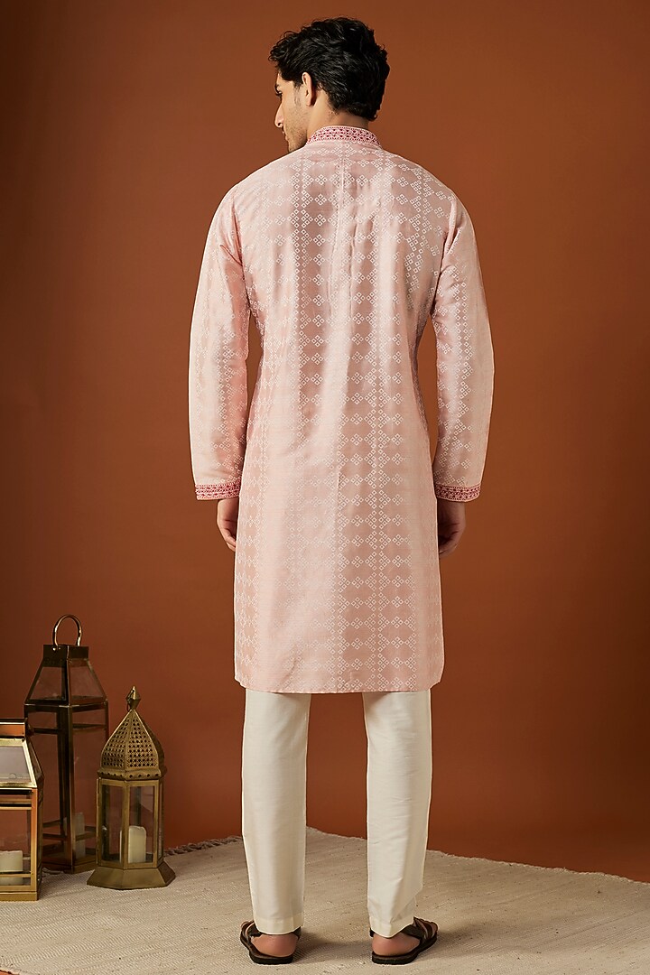 Peach Tussar Printed & Embroidered Kurta Set by ALOUKIK at Pernia's Pop Up Shop