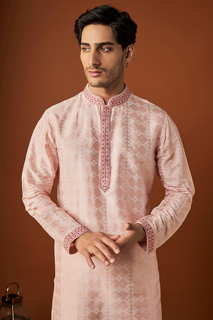 Peach Tussar Printed & Embroidered Kurta Set by ALOUKIK at Pernia's Pop Up Shop