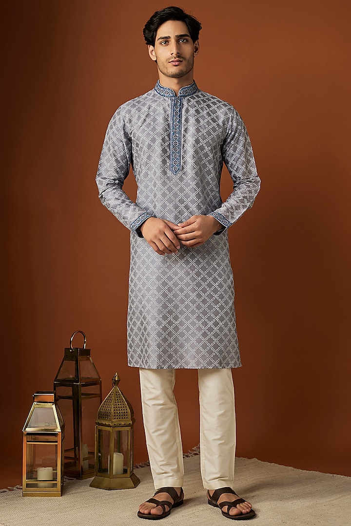 Grey Tussar Printed & Embroidered Kurta Set by ALOUKIK at Pernia's Pop Up Shop