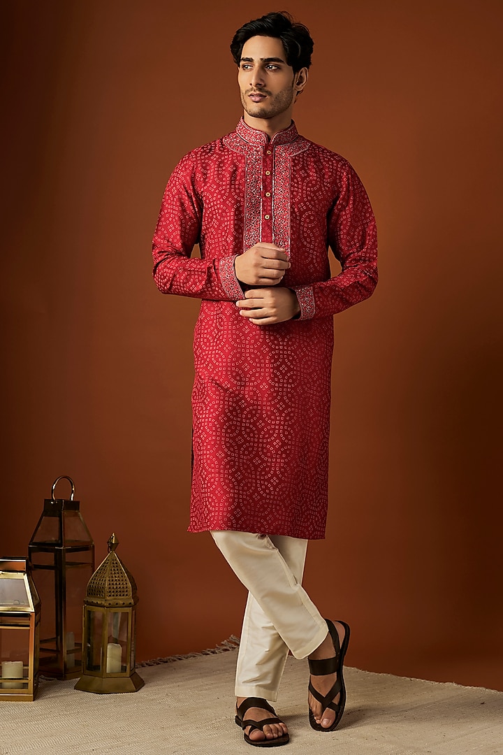 Red Tussar Printed & Embroidered Kurta Set by ALOUKIK