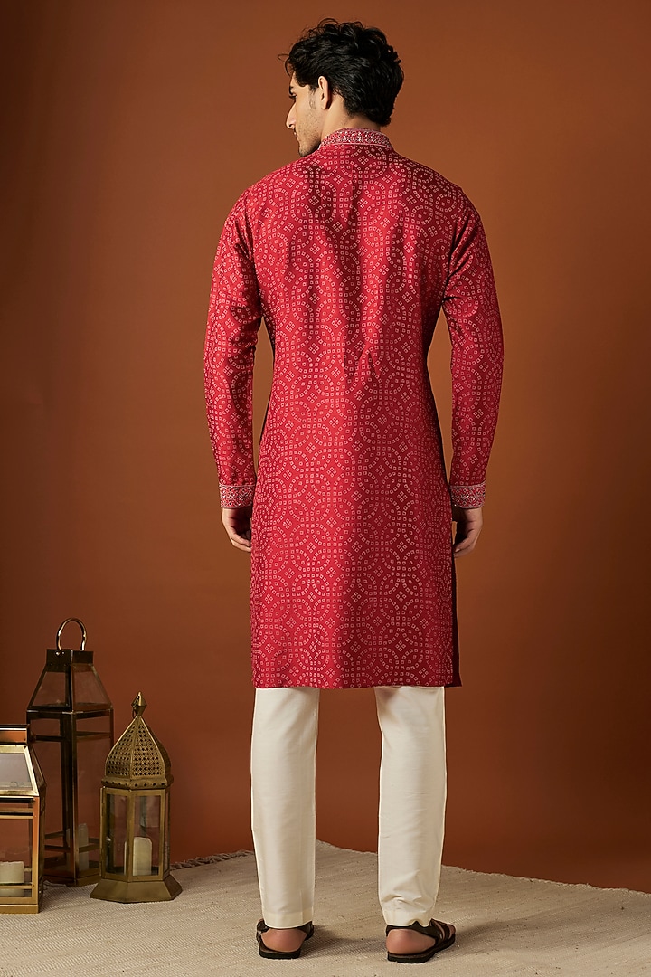 Red Tussar Printed & Embroidered Kurta Set by ALOUKIK at Pernia's Pop Up Shop