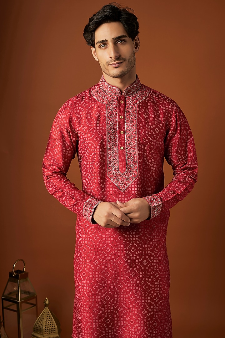 Red Tussar Printed & Embroidered Kurta Set by ALOUKIK at Pernia's Pop Up Shop