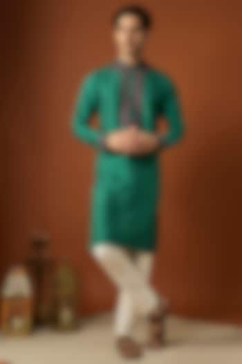 Emerald Green Tussar Printed & Embroidered Kurta Set by ALOUKIK