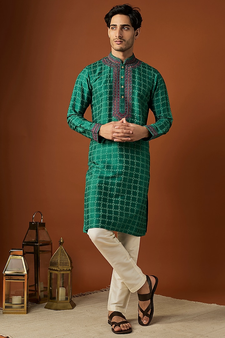 Emerald Green Tussar Printed & Embroidered Kurta Set by ALOUKIK