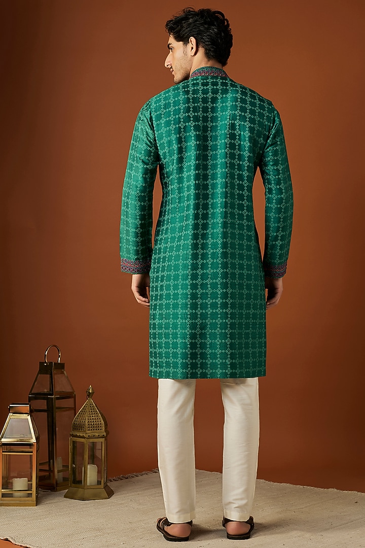Emerald Green Tussar Printed & Embroidered Kurta Set by ALOUKIK at Pernia's Pop Up Shop
