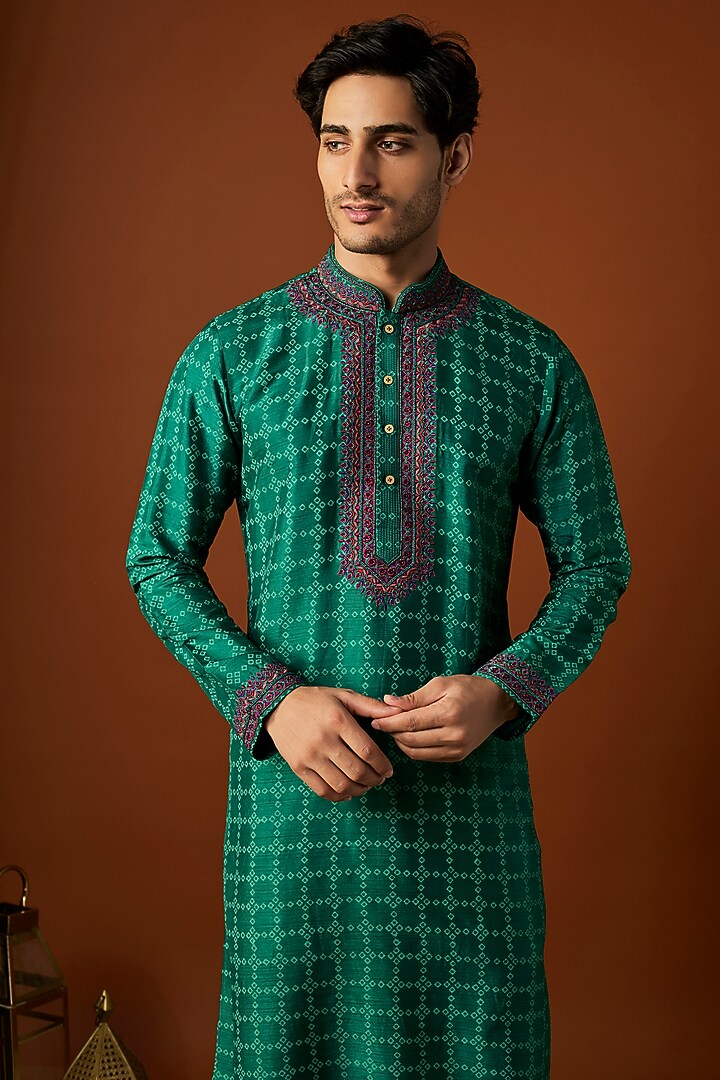 Emerald Green Tussar Printed & Embroidered Kurta Set by ALOUKIK at Pernia's Pop Up Shop
