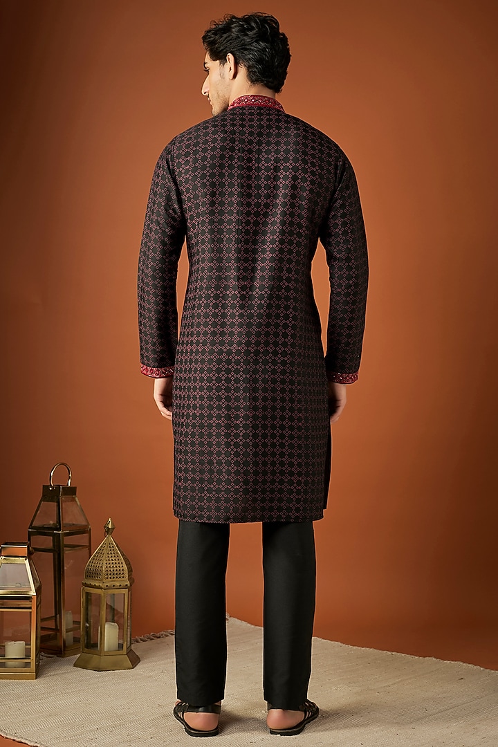 Black Tussar Printed & Embroidered Kurta Set by ALOUKIK at Pernia's Pop Up Shop