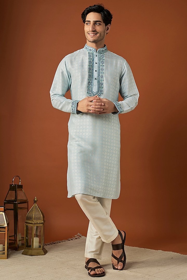 Powder Blue Tussar Printed & Embroidered Kurta Set by ALOUKIK